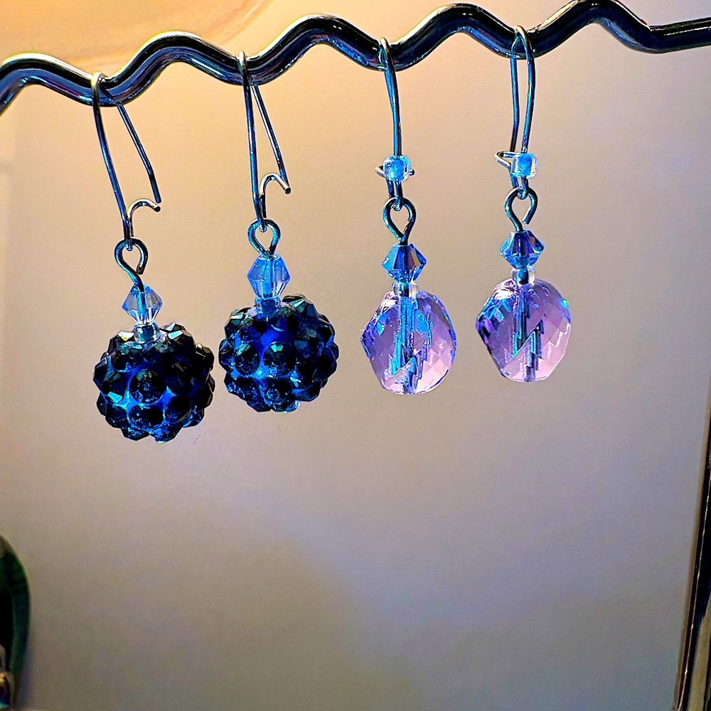 Earrings Pierced Handcrafted Unique Navy Disco Ball Beads&Lavender Faceted Glass